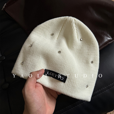 YAOLI贴布镶钻～美式复古针织套头帽子女秋冬保暖大头围冷帽男潮