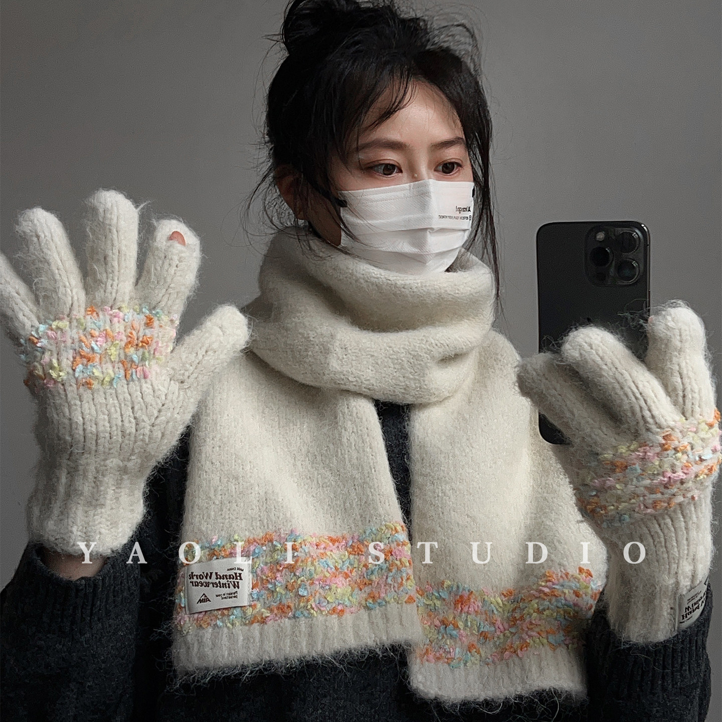 YAOLI杏米色~多巴胺糖豆针织手套女秋冬保暖防寒护颈小围巾套装韩