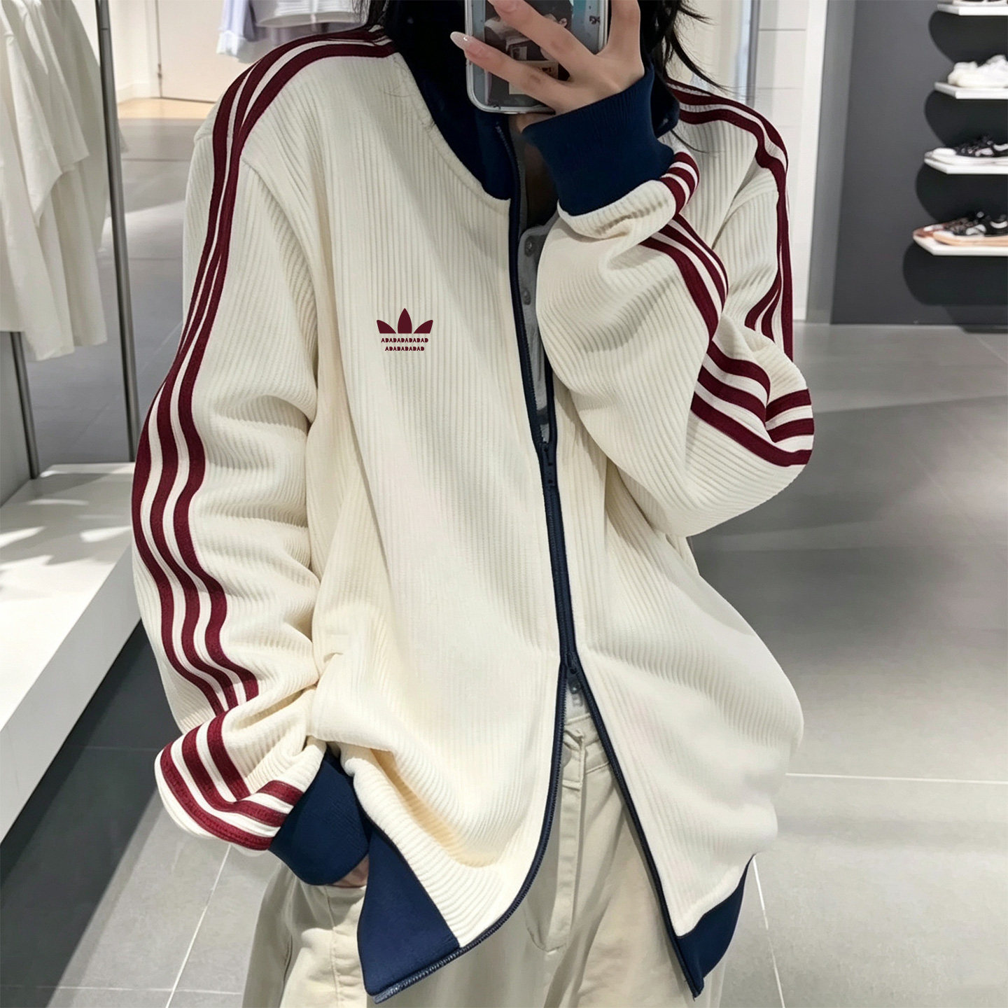 品牌折扣丨运动风华夫格外套男女情侣三条杠拉链宽松运动夹克上衣