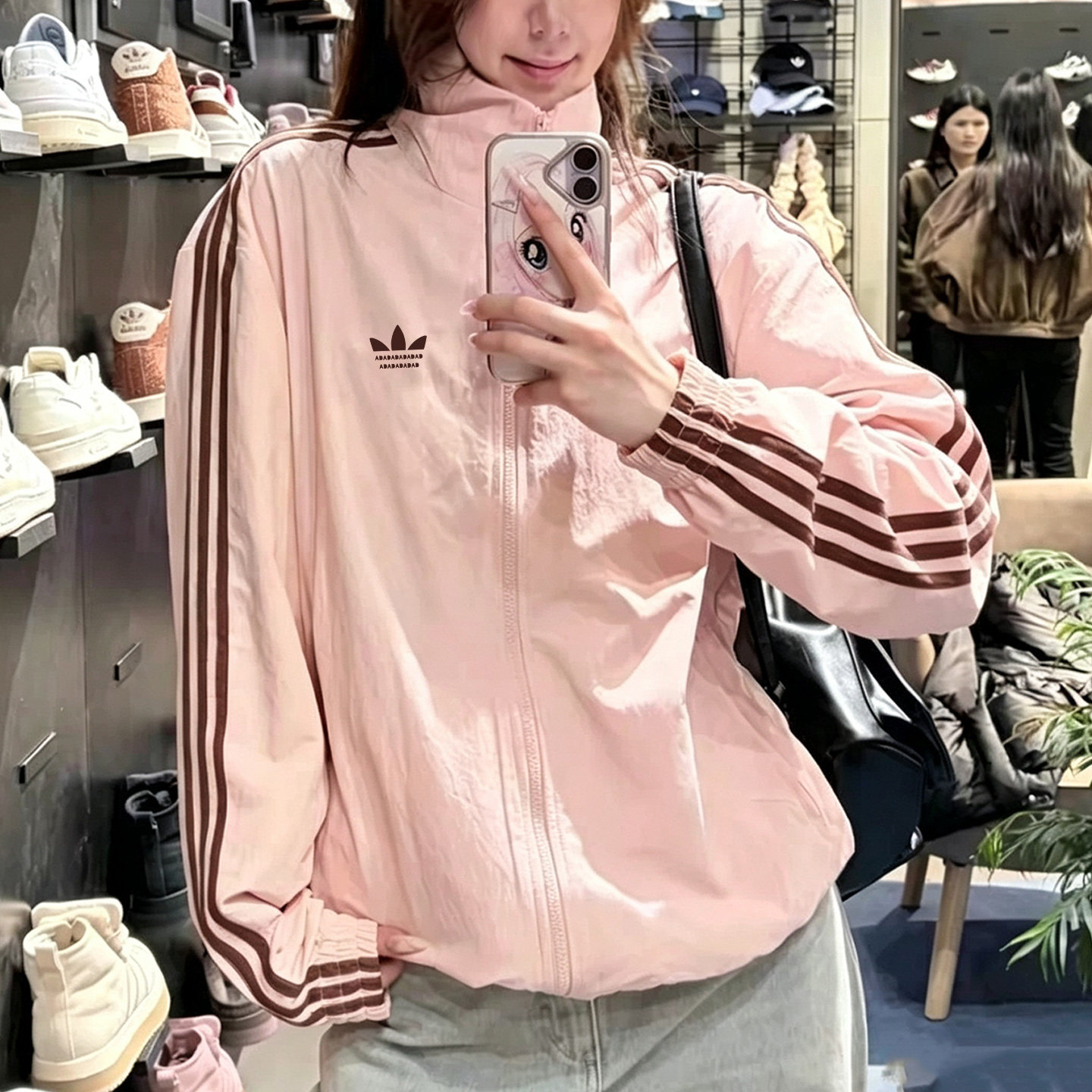 粉色复古条纹拉链运动夹克女款