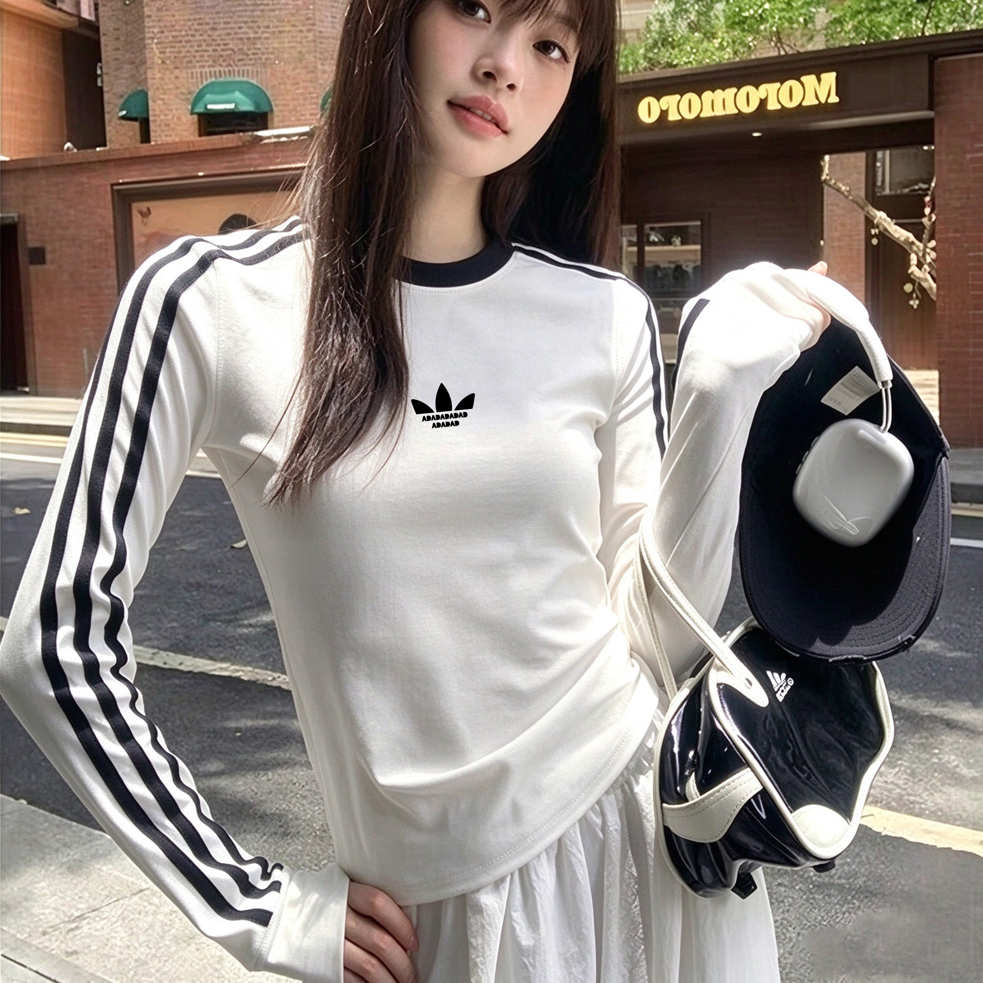 品牌折扣丨三条杠长袖T恤男女运动白色修身显瘦圆领打底内搭上衣