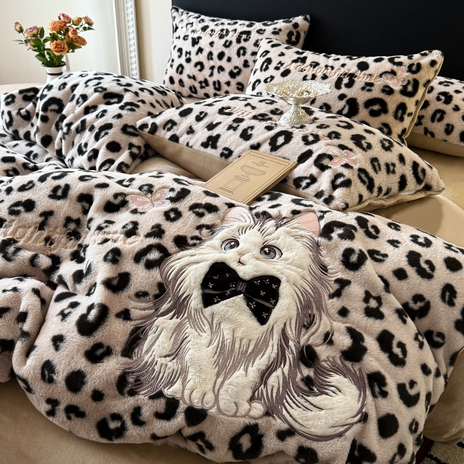 保暖防静电A类兔毛绒四件套加厚双面绒豹纹被套冬季加绒床上用品4
