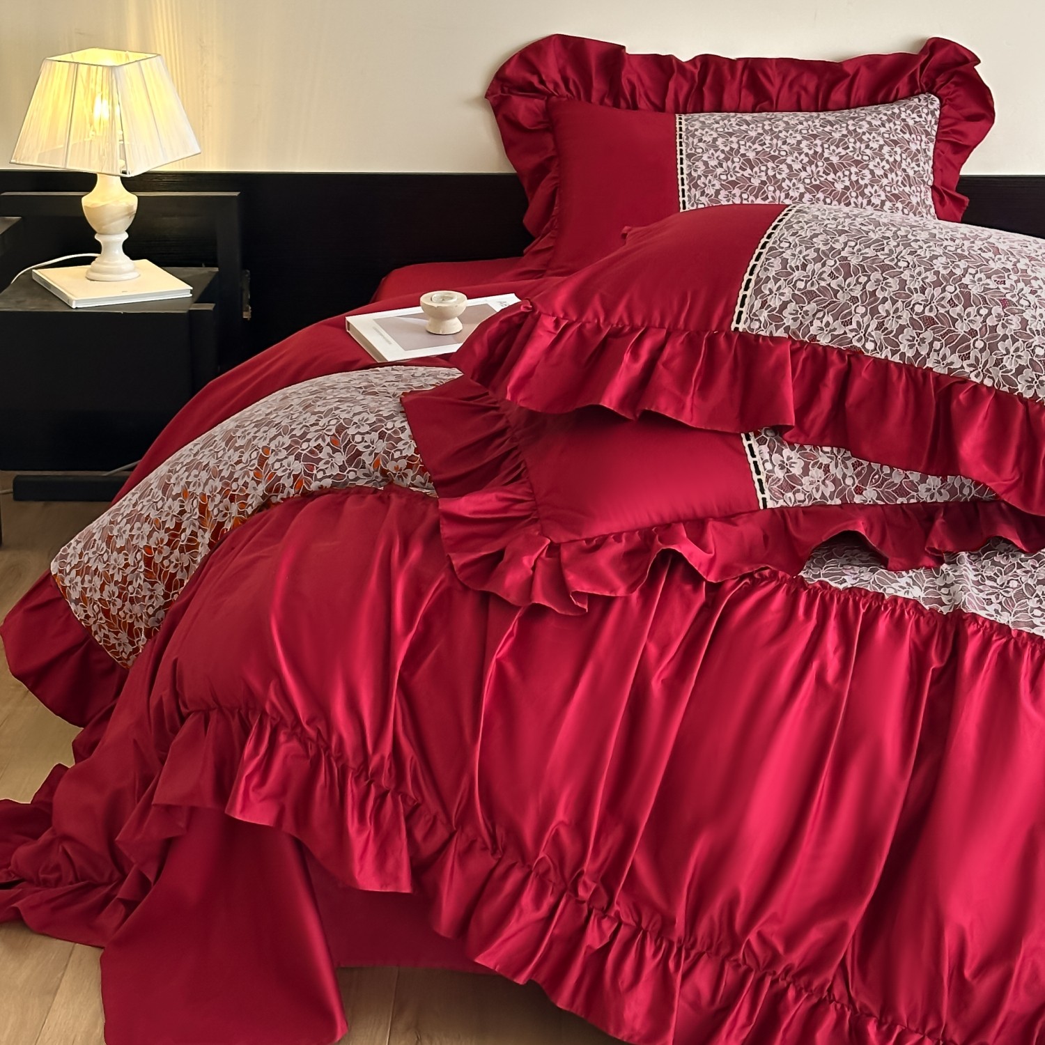 法式复古风婚庆四件套红色全棉蕾丝花边被套纯棉床笠公主床上用品