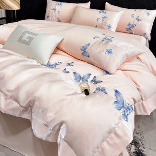 高端轻奢A类新疆长绒棉四件套裸睡蝴蝶刺绣被套全棉床笠床上用品4