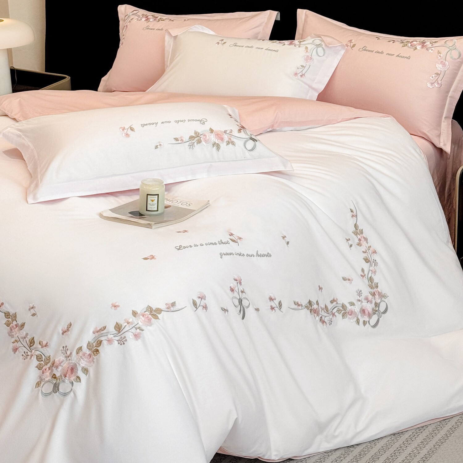 公主风100%纯棉四件套裸睡花卉刺绣被套全棉床笠简约轻奢床上用品