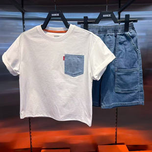 Levi's李维斯圆领短袖26夏男女儿童牛仔口袋拼接宽松T恤LV2622033