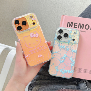 ins可爱少女Kitty猫苹果16 15pro卡通手机壳iPhone14新款KT猫苹果17镭射磨砂壳17pro半包防摔16promax保护套