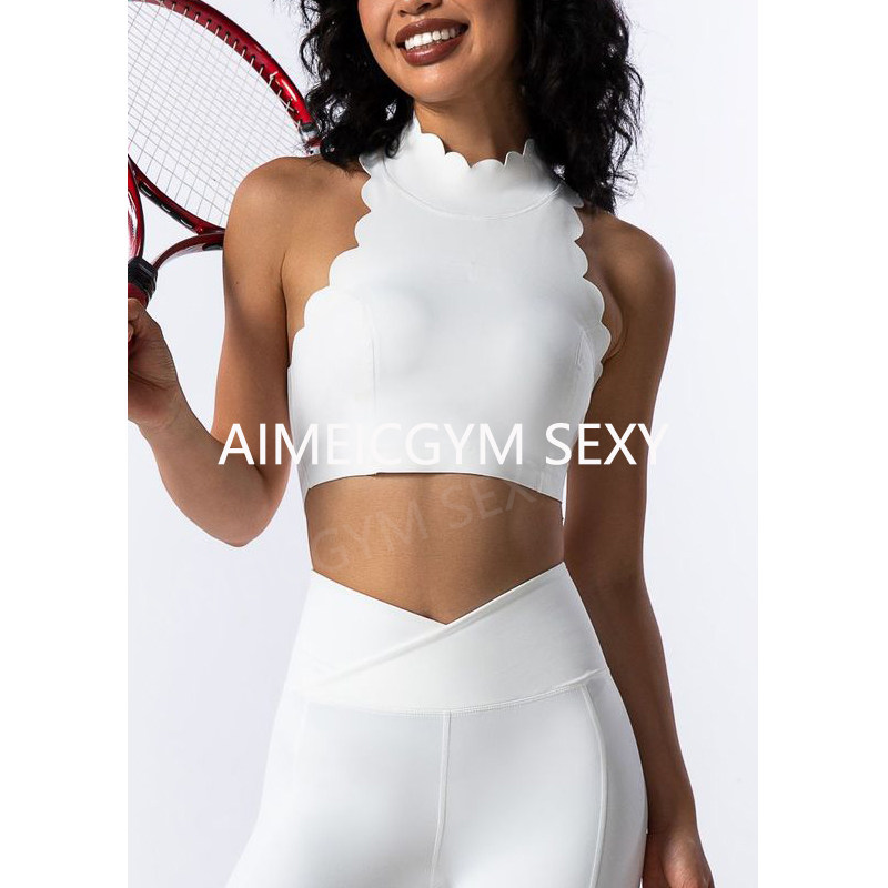 AimeicGym Sexy欧美露背镂空瑜伽坎肩花边立领上衣运动健身套头衫