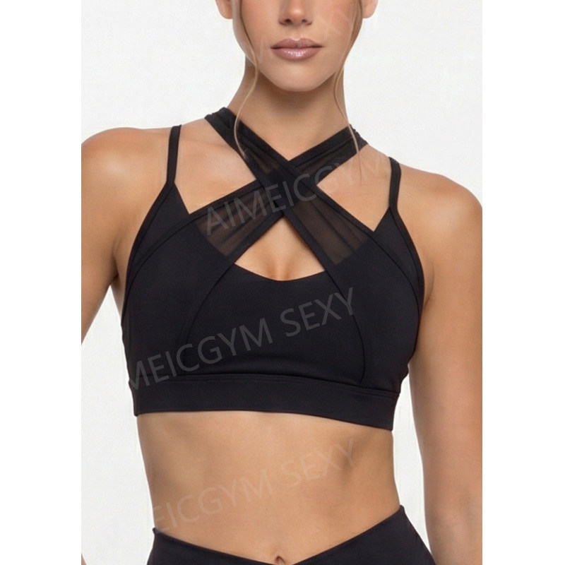 AimeicGym Sexy欧美新款防震聚拢运动文胸女外穿网纱拼接跑步内衣