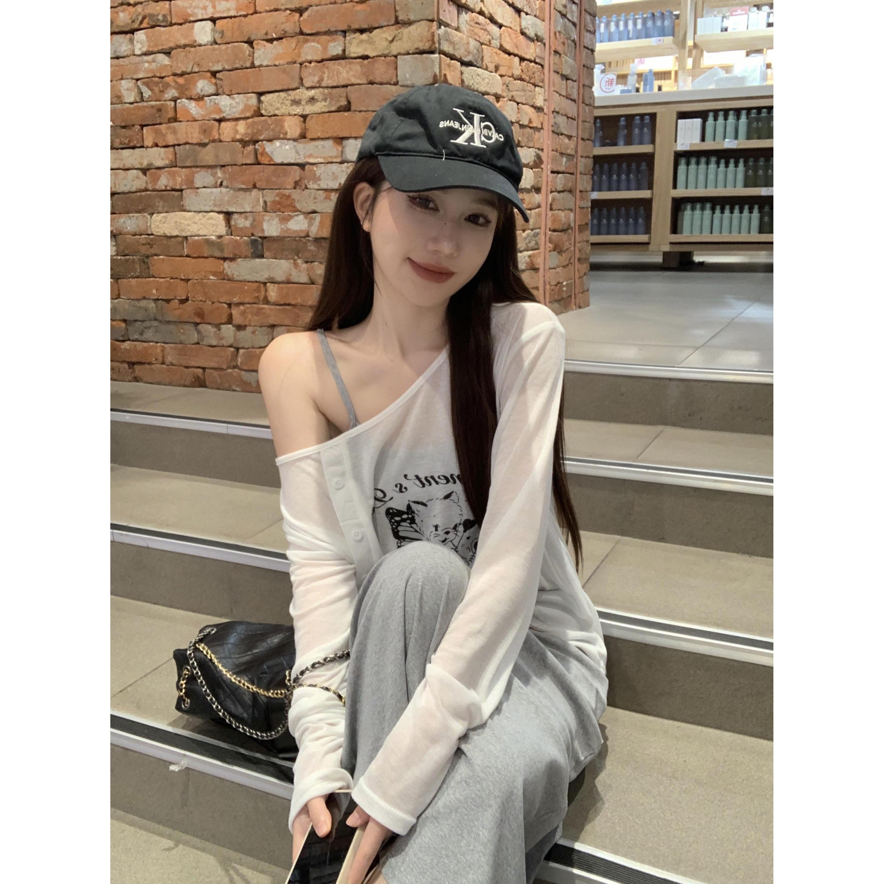 8594# 满天星 已出货 罗纹 韩版印花长袖T恤女夏防晒抽绳上衣