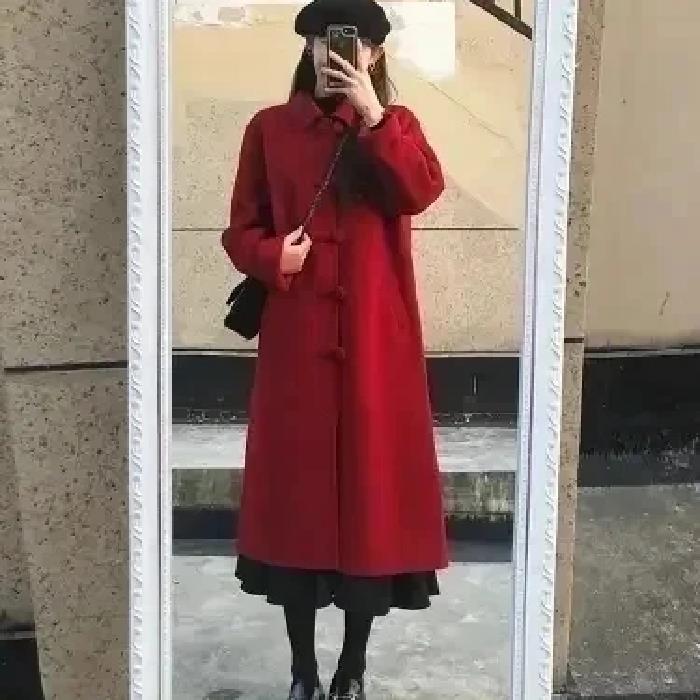 复古盘扣红色呢子大衣女2025毛呢外套