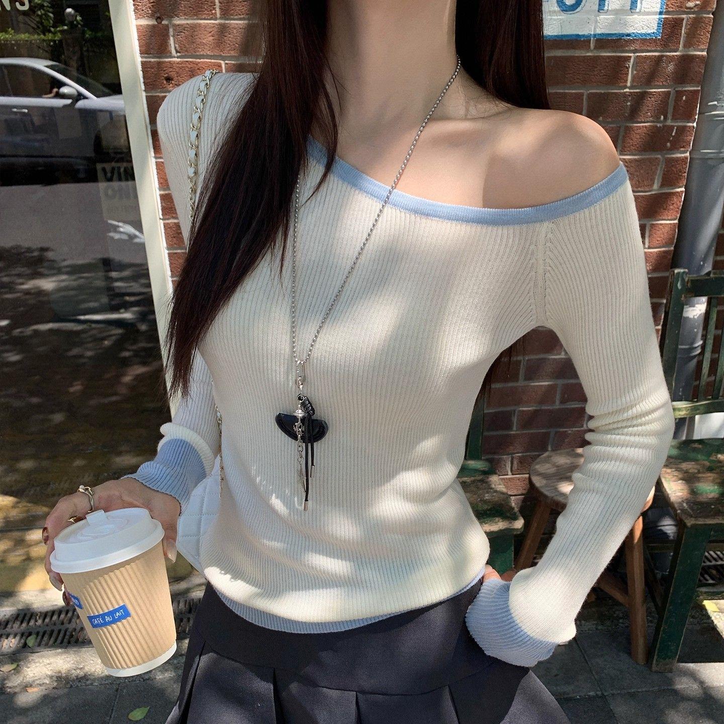 针织衫女2025新款秋冬高级感内搭斜肩打底衫气质性感露肩长袖上衣