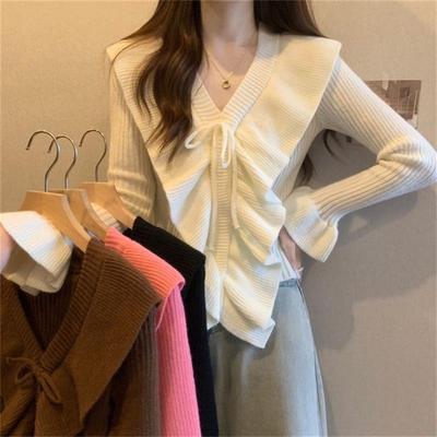 北极绒【腈纶35%锦纶40%PBT25%】荷叶边V领毛衣女修身内搭针织上