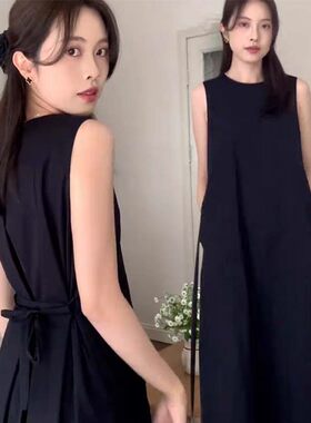 本风黑色无袖背心连衣裙子女夏季2026新款茶歇法式气质宽松长裙