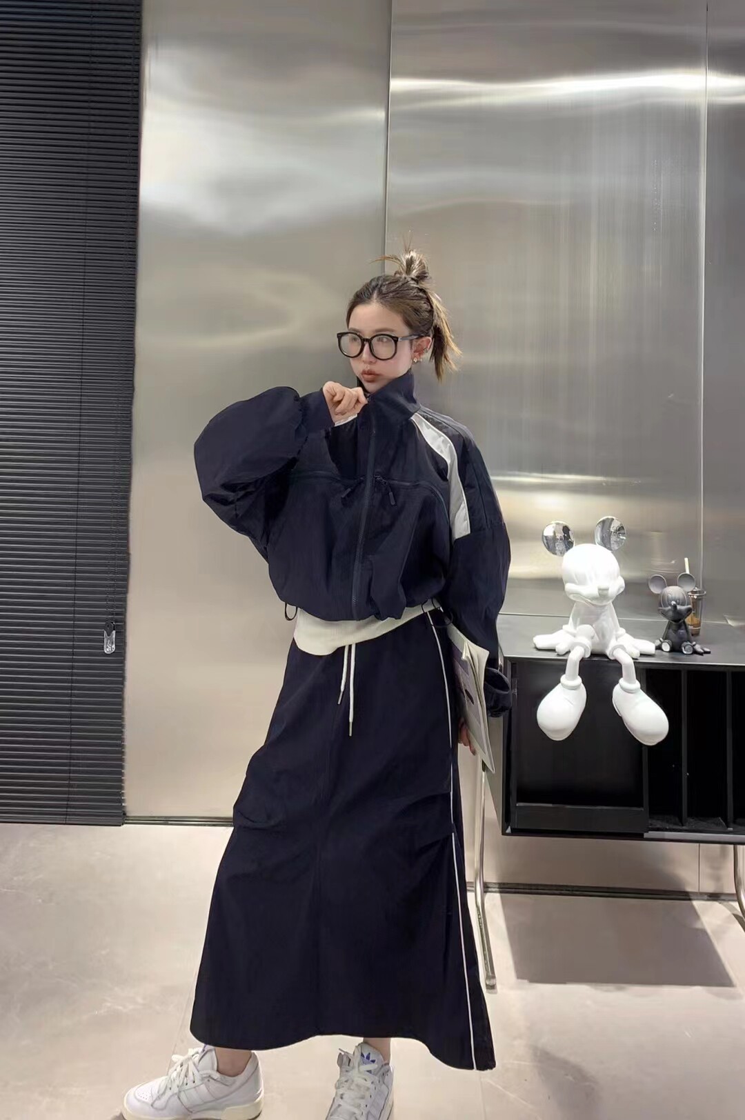 欧货2023春季休闲运动时尚套装女拼色立领棒球服高腰半身裙两件套