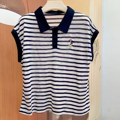 polo领无袖条纹刺绣针织衫