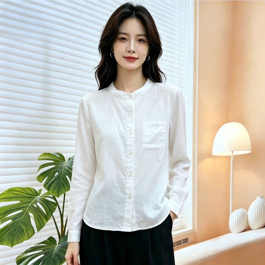 中年女纯色宽松长袖开衫衬衫
