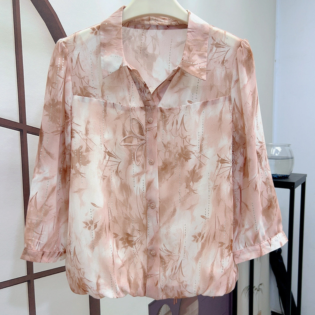 刺绣水墨宽松大码七分袖花朵内衬2026新款春夏潮流时尚套头雪纺衫