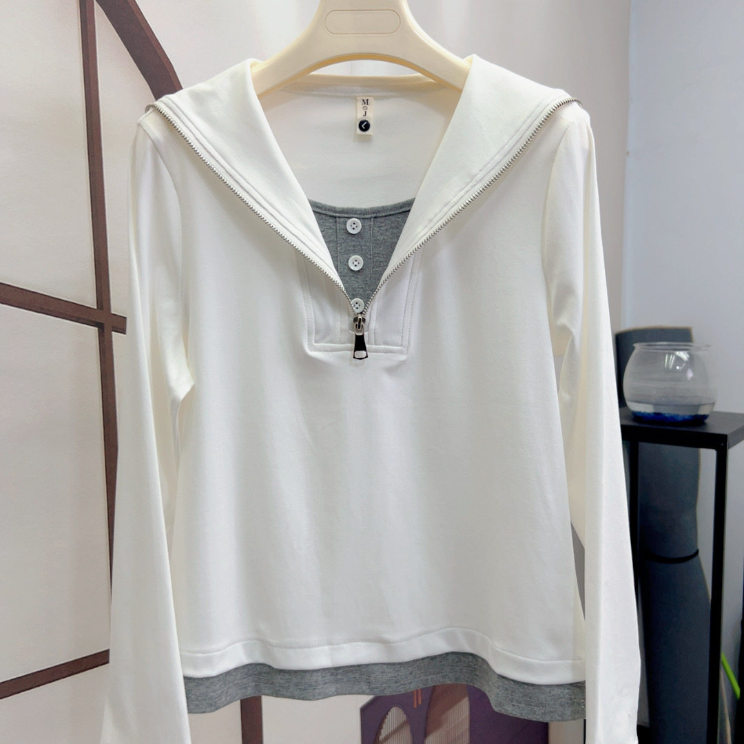 假两件海军领拉链长袖大码宽松2026春新款薄百搭潮流套头休闲卫衣