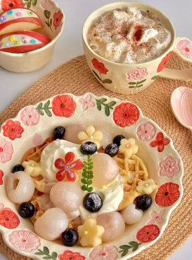 高颜值浮雕磨砂餐具家用陶瓷花朵碗儿童饭碗餐盘套装花信子甜品盘