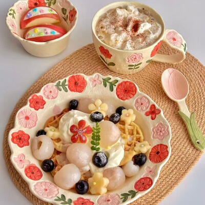 高颜值浮雕磨砂餐具家用陶瓷花朵碗儿童饭碗餐盘套装花信子甜品盘