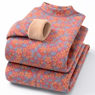 加绒加厚驼绒印花碎花保暖内衣套装中老年人中领新秋衣秋裤妈妈装