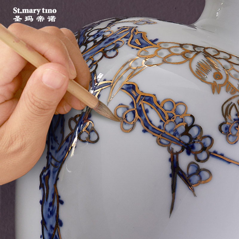 新品圣玛帝诺景德镇新中式别墅客厅实木家居玲珑雕刻陶瓷薄胎夜台