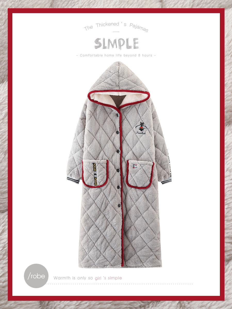 NIGHTGOWN WOMENS AUTUMN AND WINTER CORAL VELVET THREE-LAYER COTTON PADDED PILE THICKENED AND LONG CUTE PAJAMAS WOMENS WINTER HOODED BATHROBE