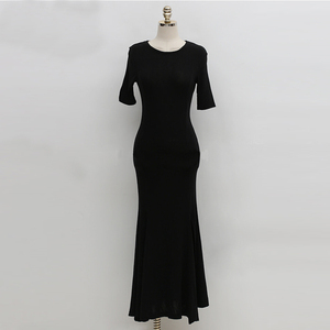 TR30364# 连衣裙夏季新款短袖黑色开叉长裙显瘦小心机连衣裙女