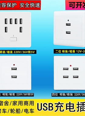 明装usb插座面板二四六孔12v24V36v工地快充20W暗装两位220v转5v