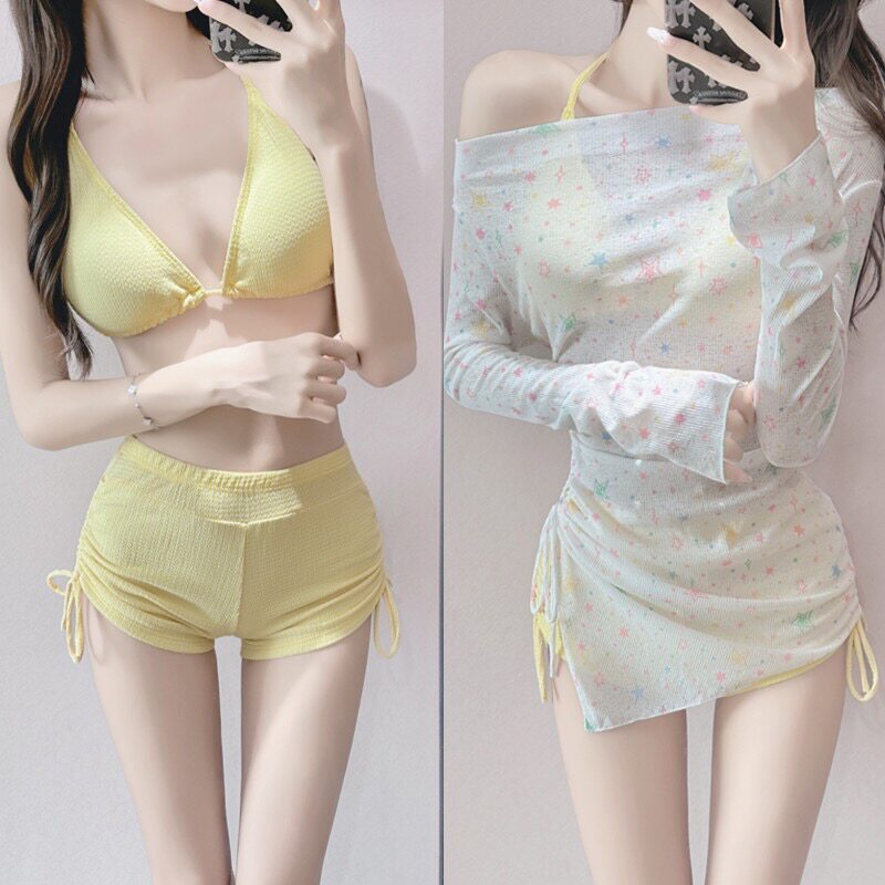 泳衣女性感比基尼分体三件套防晒罩衫纯欲甜美少女显瘦平角游泳装