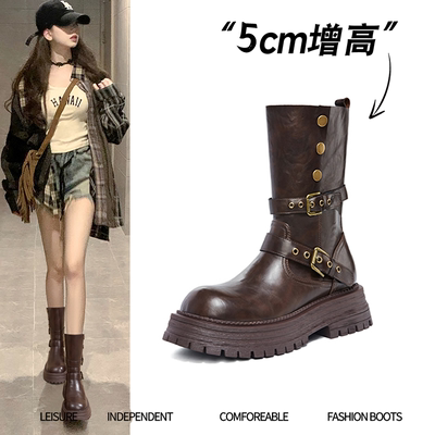 牛皮版~棕色西部靴女牛仔靴2026新款厚底马丁靴夏美拉德中筒靴子