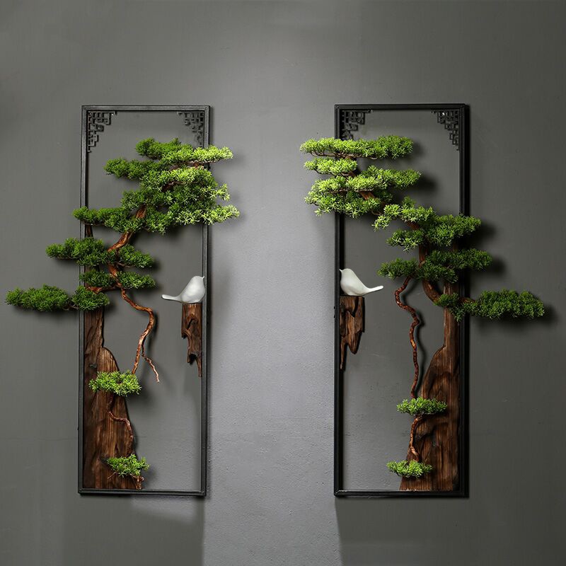 新中式壁饰办公室墙面客厅玄关铁艺挂件酒店会所立体仿真松树壁挂