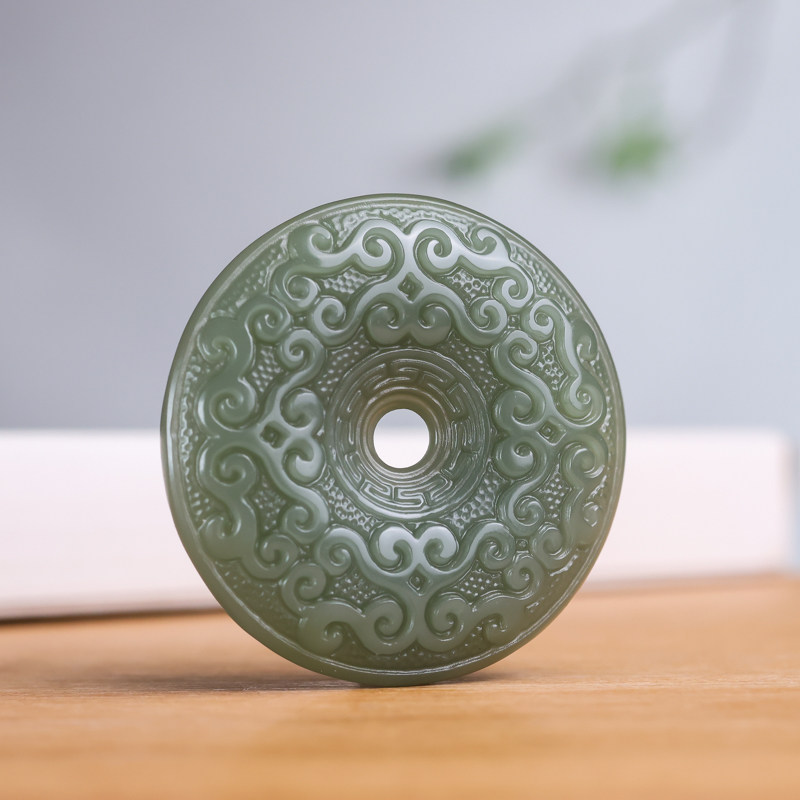 新疆和田玉花纹祥云平安扣吊坠青白玉和氏璧挂件天然玉项链玉牌饰