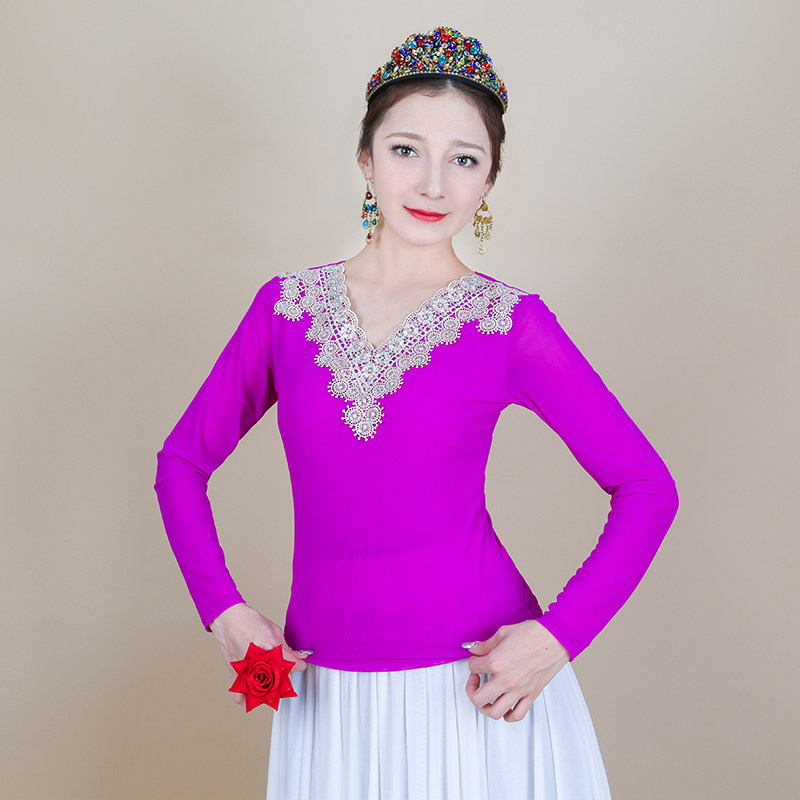 新疆舞打底衫民族风舞女士长袖显瘦舞蹈服广场舞练习修身网纱上衣