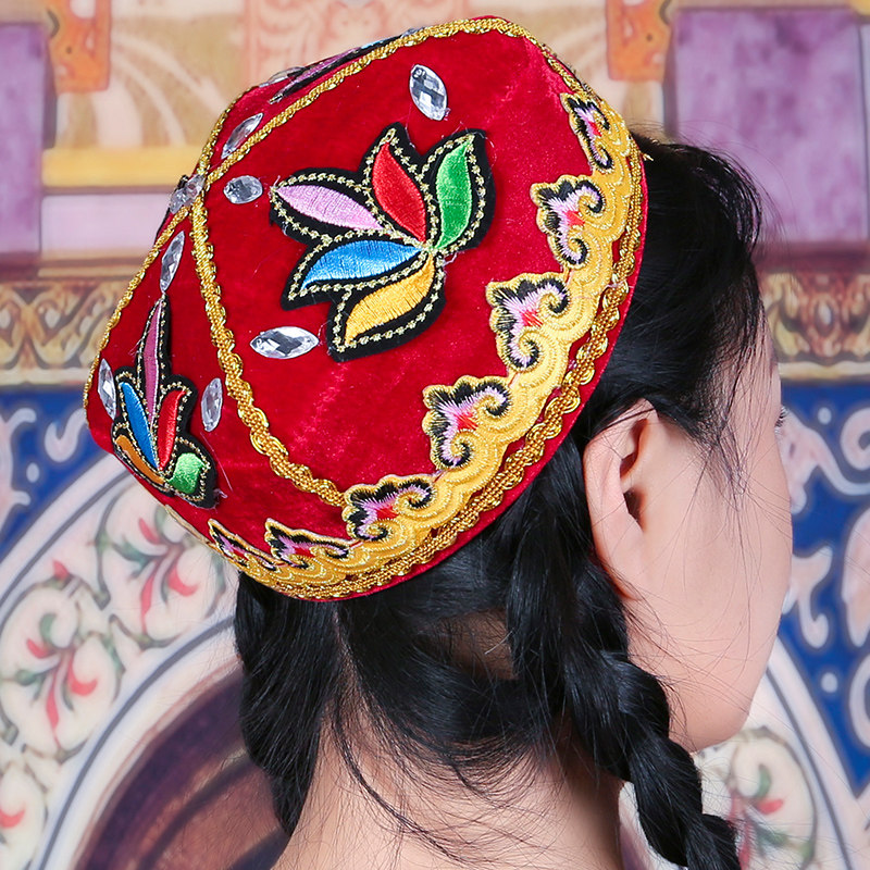 新疆舞蹈小花帽民族风绣花烫钻四角表演头饰维吾尔族舞台演出帽子