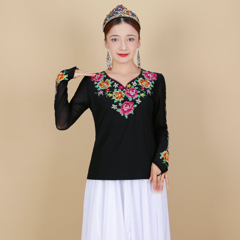 新疆舞蹈演出服装女士秋季新款牛奶丝上衣艺考生练功服维族舞长袖