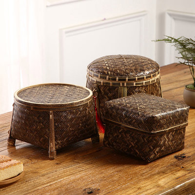 竹编复古提篮手工手提茶饼盒茶道收纳篮中式做旧带盖四色方底提盒