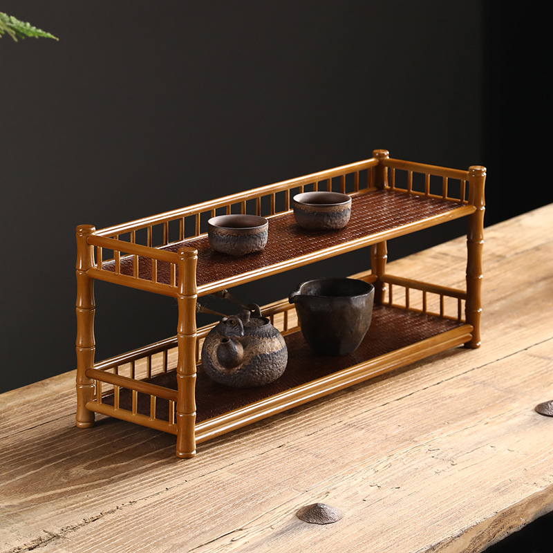 竹制桌面收纳架复古茶杯架博古架