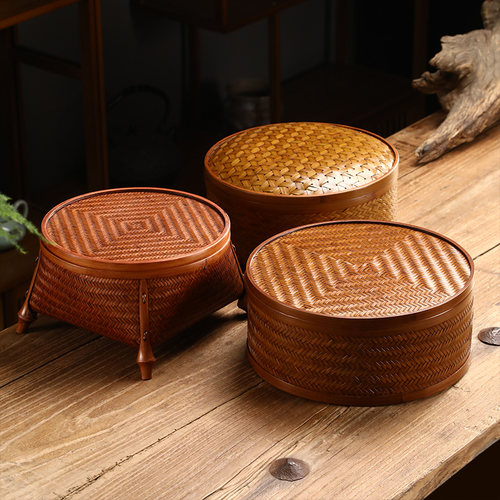 中式竹编茶具收纳盒复古带盖茶筐