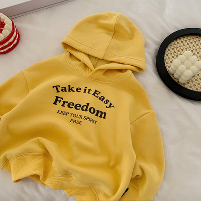 男童秋冬不倒绒卫衣儿童字母连帽上衣男孩加绒百搭一体绒上衣潮