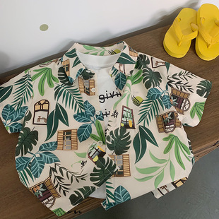 男童花衬衫短袖套装儿童夏季新款男宝宝港风沙滩衣度假穿搭两件套
