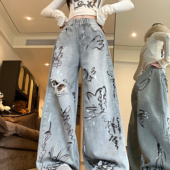 子 破洞流苏显瘦阔腿拖地裤 YUECHU手绘涂鸦牛仔裤 女新品