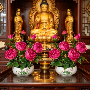 手感保湿仿真牡丹花佛前供奉盆栽禅意假花供奉莲花百合花寺庙供花