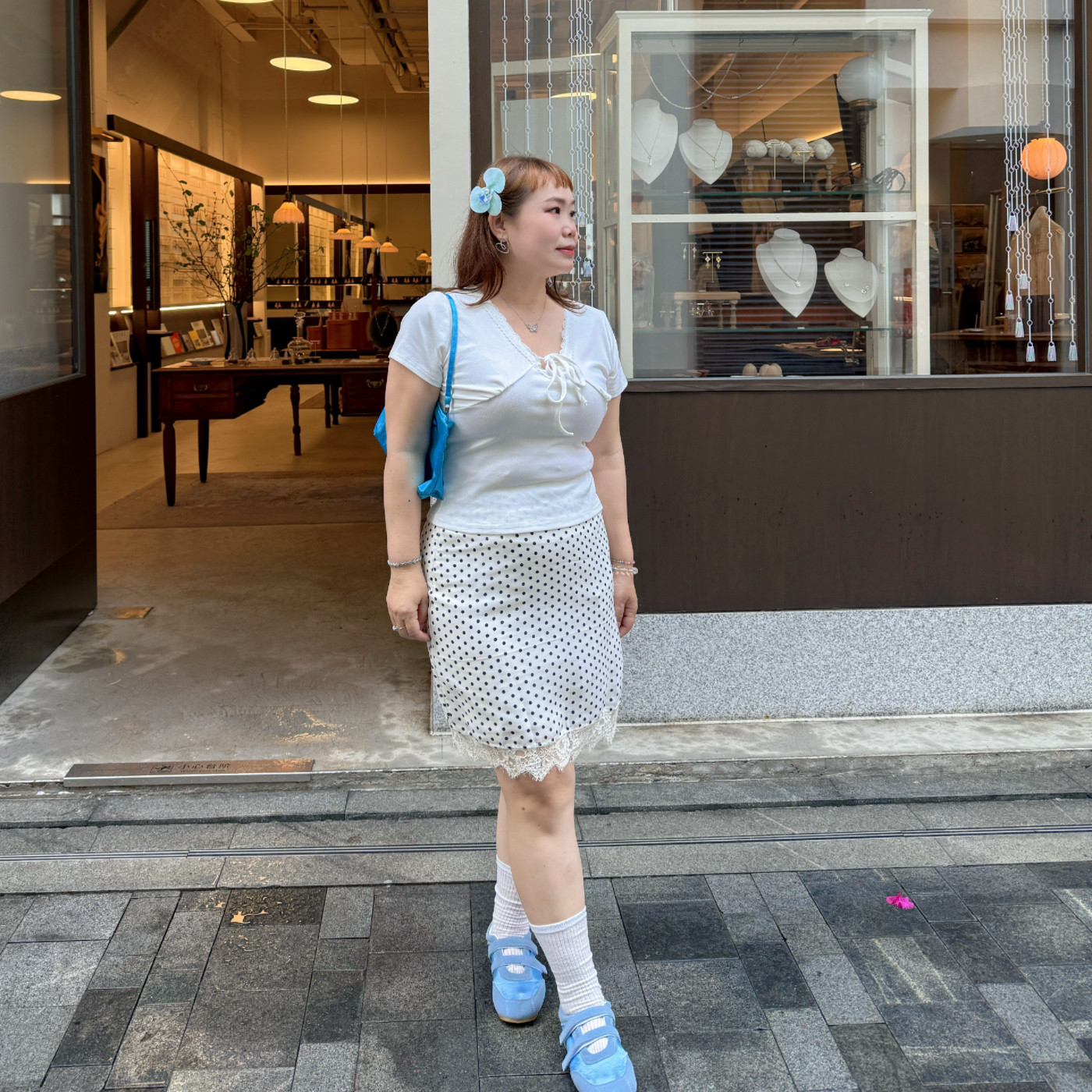 精灵家微胖大码女装圆点蕾丝拼接半身裙夏季新款高腰显瘦A字中裙