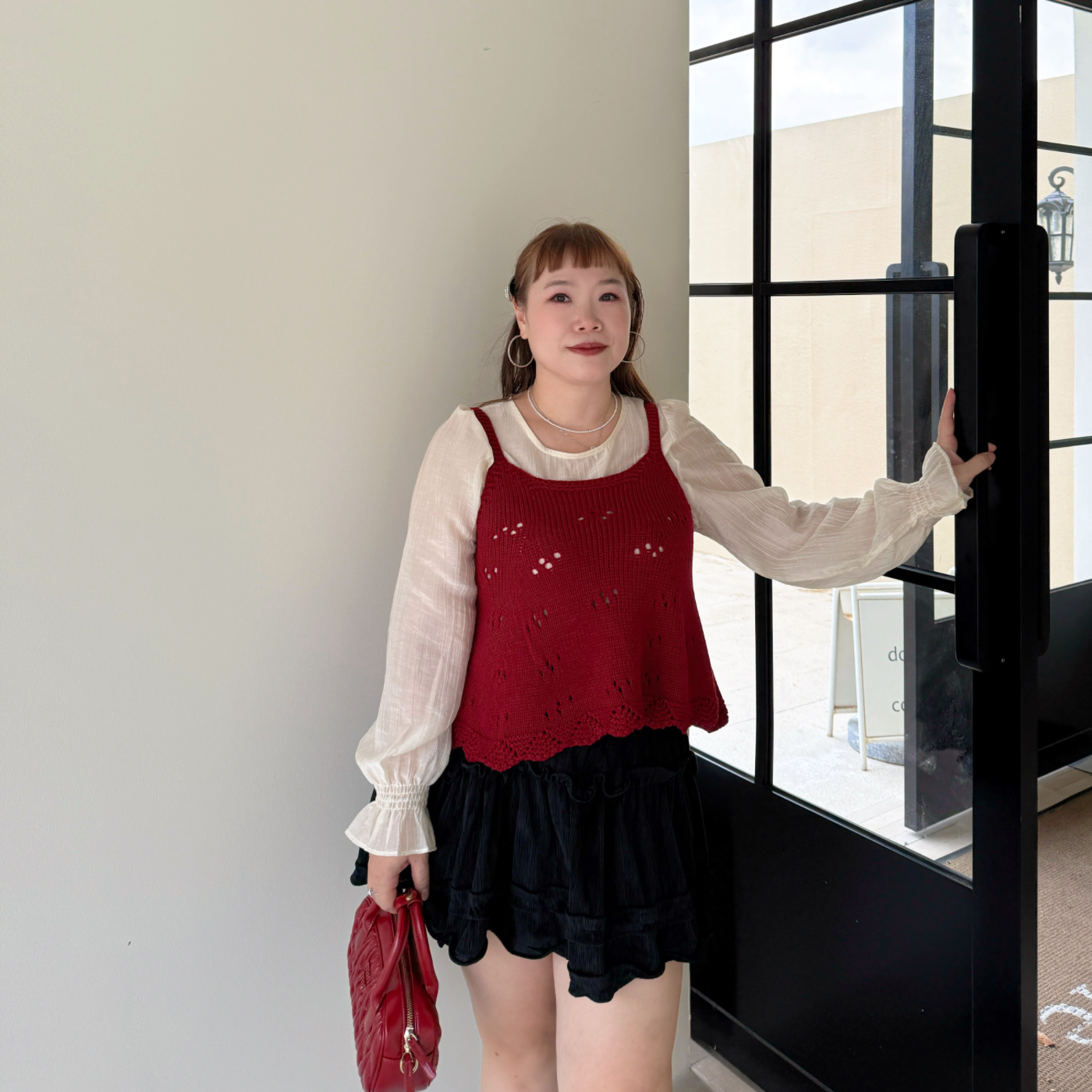 大码镂空吊带针织马甲衬衫两件套