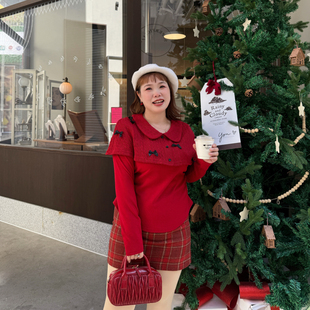 娃娃领斗篷圣诞叠穿假两件针织衫 胖mm大码 新款 精灵家微胖2026春装