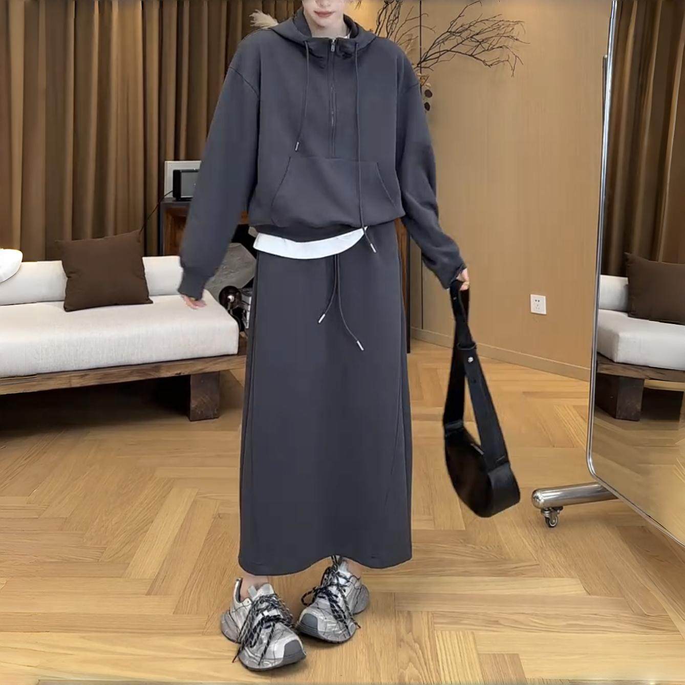 大码女2025秋季新款显瘦连帽卫衣+半身裙胖妹妹休闲运动两件套装