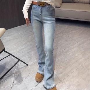 大码直筒微喇牛仔裤女春秋2025新款高个子显瘦高腰开叉加绒马蹄裤