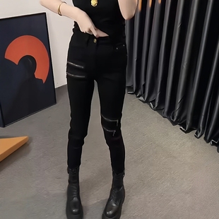 胖妹妹高腰弹力铅笔裤 大码 显瘦拉链小脚牛仔裤 新款 加绒 女2025秋季